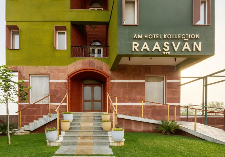 Entrance of Raasvan Vrindavan AM Hotel Kollection Vrindavan showing exterior façade and access area