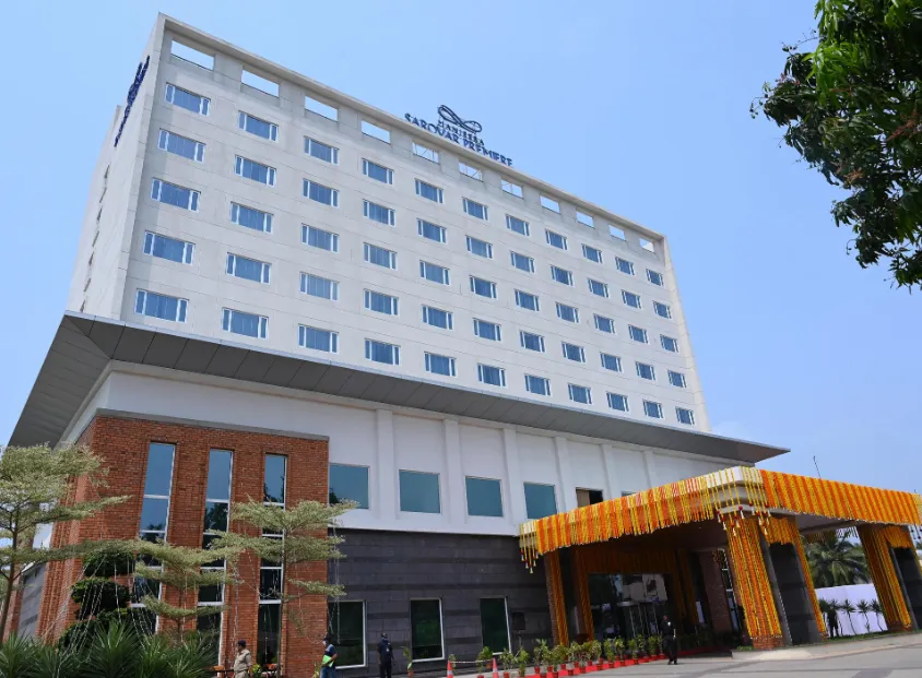 Entrance of Manjeera Sarovar Premiere Hotel Rajamundhry with façade and signage